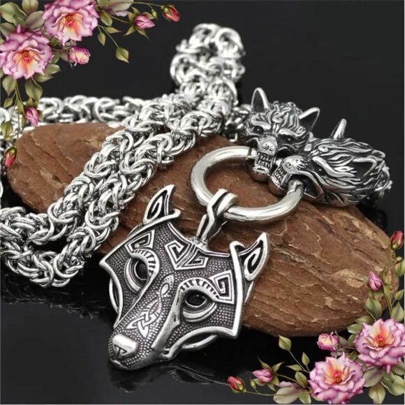 Zinc Alloy Viking Style Wolf Head Pendant Necklace, Retro Amulet Jewelry - Picture 1 of 14